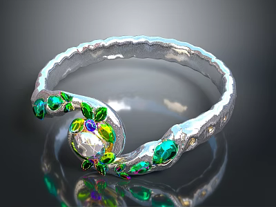 Delicate Silver Ring With Green Gemstones And Colorful Stones For Daily Use 3d model