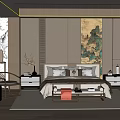 Elegant Traditional Chinese Bedroom With Wooden Bed Nightstands Decorative Painting And Soft Lighting