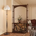 Elegant Living Room Interior Featuring Wooden Partition With Floral Design Floor Lamp And Sofa