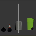Urban Roadside Scene With Stop Sign Silver Gray Green Trash Bins Traffic Cone And Stones