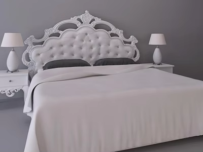 Elegant Double Bed With Ornate Carved Upholstered Headboard And White Bedside Table Lamps 3d model