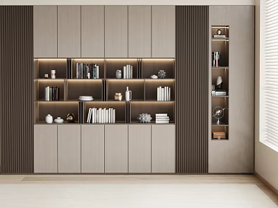 Modern Sleek Built in Bookcase Design With Books Decorative Items And LED Lighting 3d model