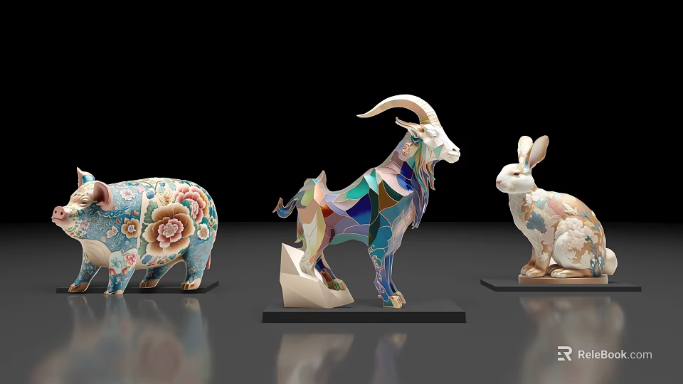 Three Decorative Animal Figurines Pig Goat Rabbit With Colorful Floral Geometric Design 3d model 