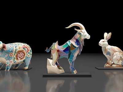 Three Decorative Animal Figurines Pig Goat Rabbit With Colorful Floral Geometric Design 3d model