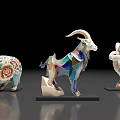 Three Decorative Animal Figurines Pig Goat Rabbit With Colorful Floral Geometric Design