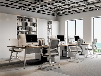 Modern Public Office Space With Desks Chairs Computers Bookshelves And Large Windows 3d model