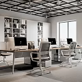 Modern Public Office Space With Desks Chairs Computers Bookshelves And Large Windows