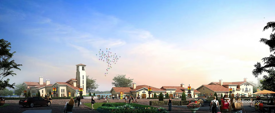 Scenic Commercial Street Under Blue Sky With Red Tiled Roofs Clock Tower People And Balloons 3d model 