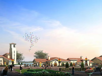 Scenic Commercial Street Under Blue Sky With Red Tiled Roofs Clock Tower People And Balloons 3d model