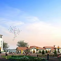 Scenic Commercial Street Under Blue Sky With Red Tiled Roofs Clock Tower People And Balloons