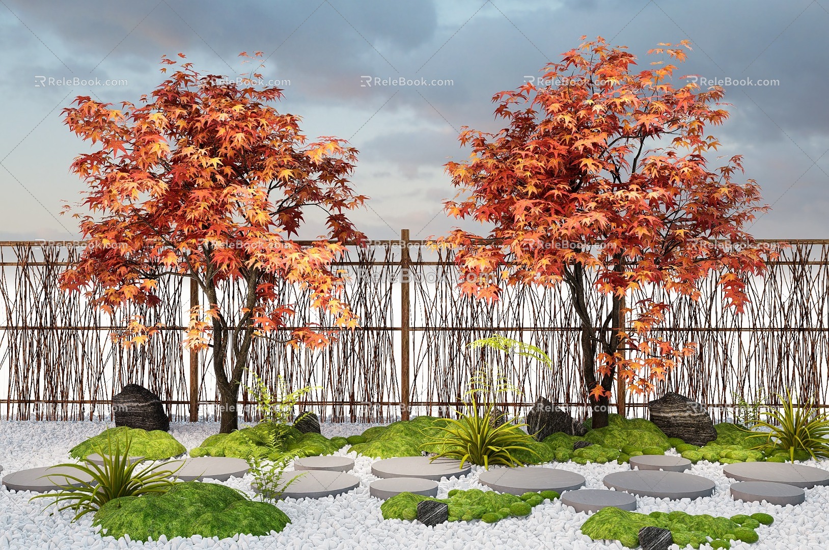 Modern modeling tree Red maple Acer claw Acer Tingbu gravel moss fence 3d model