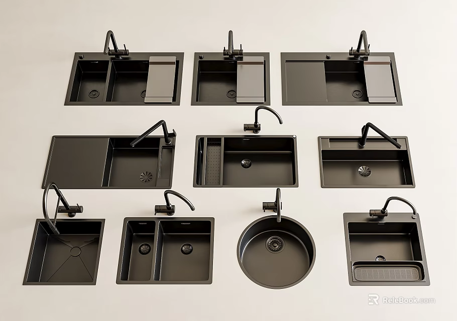 Various Kitchen Sinks With Different Design Styles Bowl Shapes And Faucet Accessories 3d model 