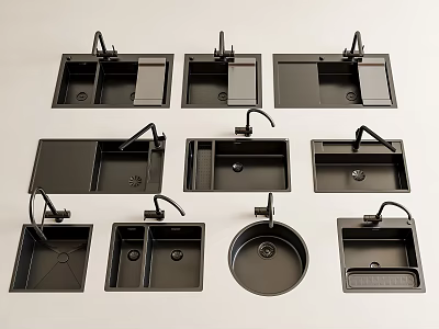 Various Kitchen Sinks With Different Design Styles Bowl Shapes And Faucet Accessories 3d model