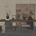 Log Style Tea Table and Chair Tea Table Screen Partition Bench Vase Tea Set Ornaments 3d model
