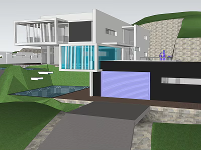 Modern Single Family House With Glass Walls Swimming Pool Purple Garage Door And Hillside Setting 3d model