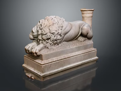 Classical Detailed Marble Lion Statue Reclining With Column On Stone Pedestal 3d model
