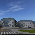 Contemporary Museum Building Featuring Glass Facade Circular Openings And Curved Structure