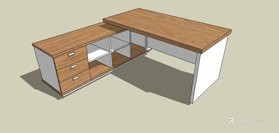 Modern Wooden Office Desk With Three Drawers Open Shelves And White Legs 3d model 