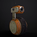 Orange And White Mechanical Robot Character With Large Tire And Camera Sensor Design 3d model