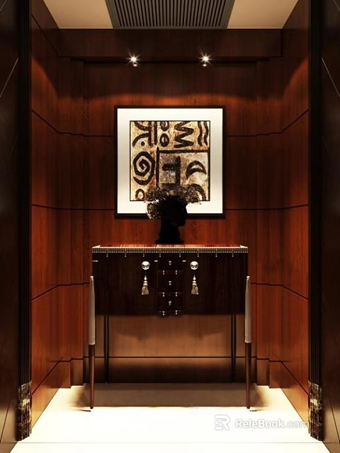 Elegant Entryway Console Table with Decorative Vase and Artwork on Dark Wooden Wall 3d model 