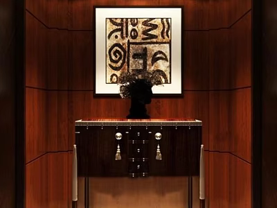Elegant Entryway Console Table with Decorative Vase and Artwork on Dark Wooden Wall 3d model