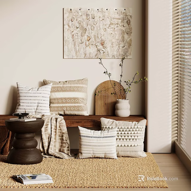 Stylish Indoor Space With Patterned Pillows Wooden Bench Woven Decor And Wall Art 3d model 