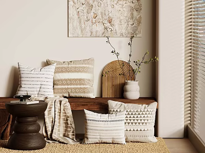 Stylish Indoor Space With Patterned Pillows Wooden Bench Woven Decor And Wall Art 3d model