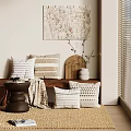 Stylish Indoor Space With Patterned Pillows Wooden Bench Woven Decor And Wall Art