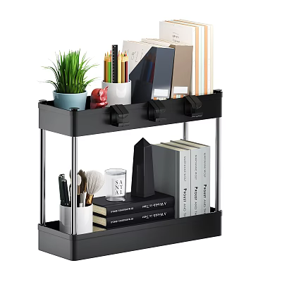 Black Two Tier Desktop Storage Shelf Organizing Stationery Books And Potted Plant 3d model