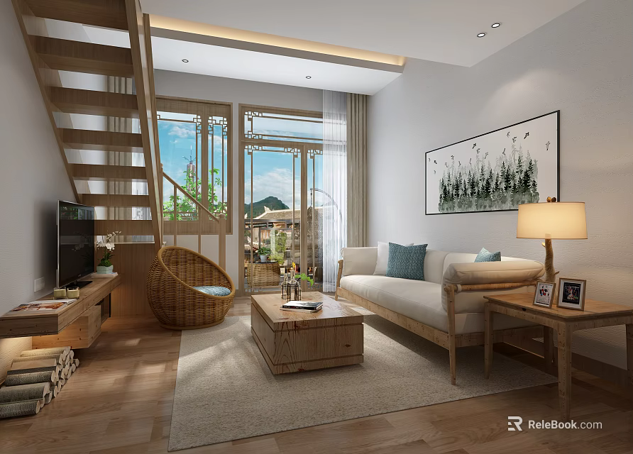 Natural Light Living Room Interior With Wooden Sofa Coffee Table Staircase And Decorative Painting 3d model 