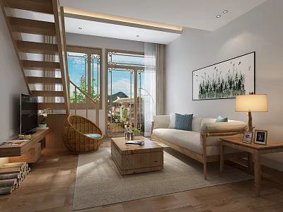 Natural Light Living Room Interior With Wooden Sofa Coffee Table Staircase And Decorative Painting 3d model
