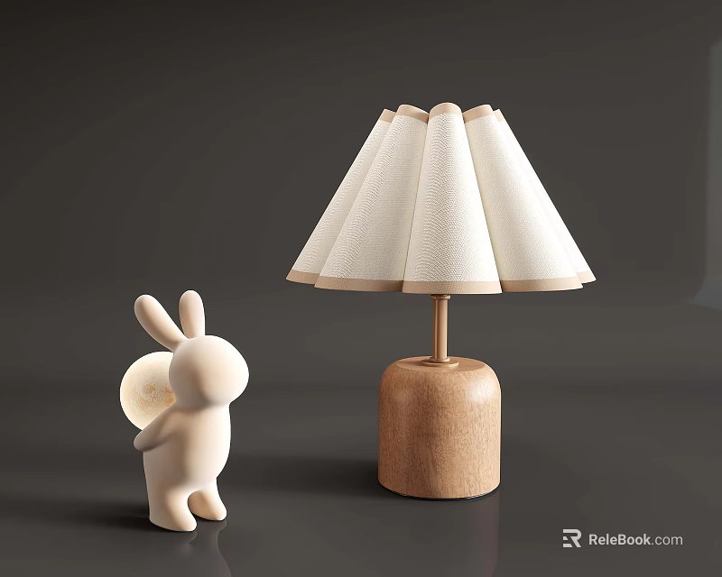 Cute White Rabbit Figurine Next to Wooden Base Table Lamp with Pleated Shade 3d model 