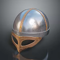 Classic Medieval Silver Metal Helmet With Leather Straps Face Mask And Gold Rivets