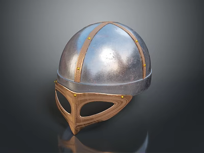 Classic Medieval Silver Metal Helmet With Leather Straps Face Mask And Gold Rivets 3d model