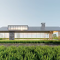Modern Residential Building with Wooden Frame Large Glass Windows and Pitched Roof Surrounded by Green Grassland
