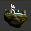 Cartoon Scene of Floating Island with Castle Towers Green Trees and Pathway