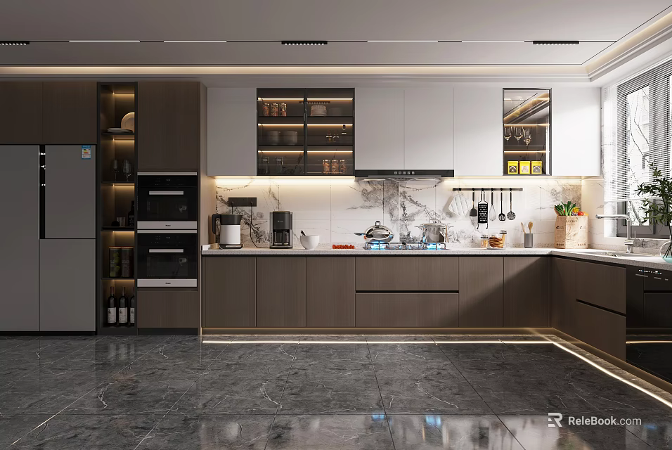 Modern Kitchen Interior Design With Dark Cabinets Marble Countertop And Stainless Steel Appliances 3d model 