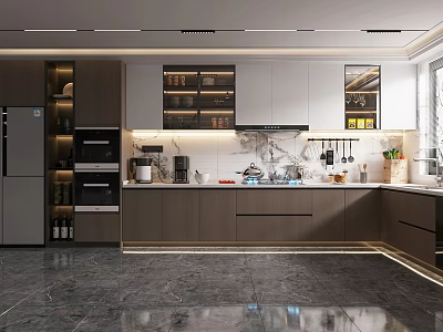 Modern Kitchen Interior Design With Dark Cabinets Marble Countertop And Stainless Steel Appliances 3d model