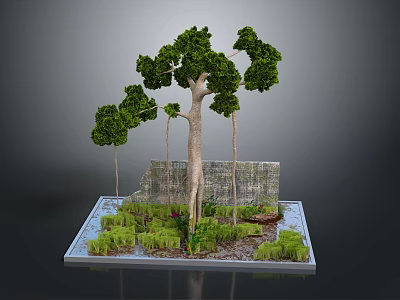 Lush Green Plants With Tall Tree And Water Area In Stone Wall Background 3d model