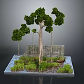 Lush Green Plants With Tall Tree And Water Area In Stone Wall Background