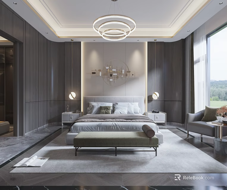 Modern Bedroom Design With Circular Chandelier Bedside Wall Decor Nightstands Foot Bench And Gray Tones 3d model 