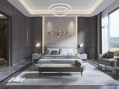 Modern Bedroom Design With Circular Chandelier Bedside Wall Decor Nightstands Foot Bench And Gray Tones 3d model
