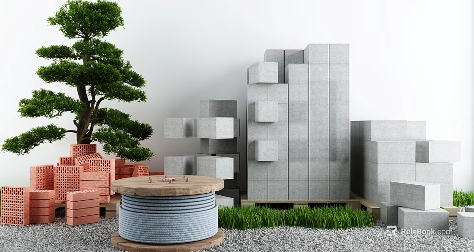 Modern Building Components With Concrete Blocks Red Bricks Pine Tree Green Grass And Coiled Cable 3d model