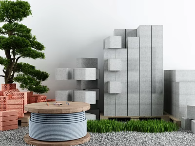 Modern Building Components With Concrete Blocks Red Bricks Pine Tree Green Grass And Coiled Cable 3d model