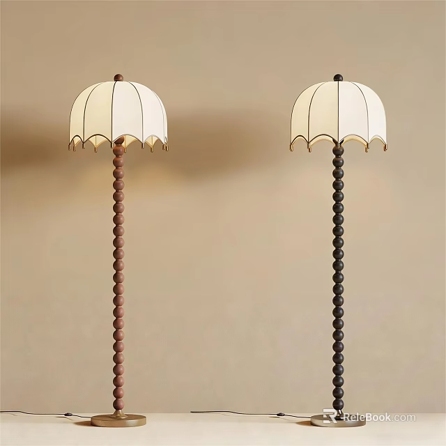 Elegant Floor Lamps with White Scalloped Shades and Beaded Poles in Brown and Black 3d model 