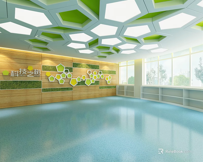 School Bright Tech Room With Hexagon Decor Green Yellow Wall Ceiling Windows 3d model