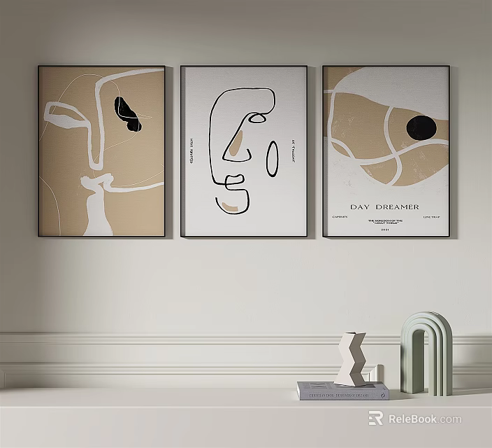 Abstract Line Art Paintings With Beige Background And Geometric Shelf Ornaments 3d model 