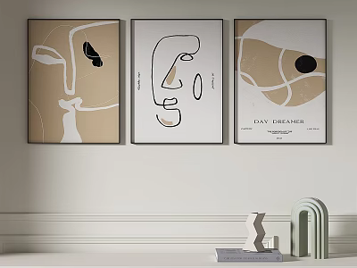 Abstract Line Art Paintings With Beige Background And Geometric Shelf Ornaments 3d model