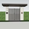 Modern Entrance Gate With Metal Fence Canopy And Green Hedge Girl Running Towards