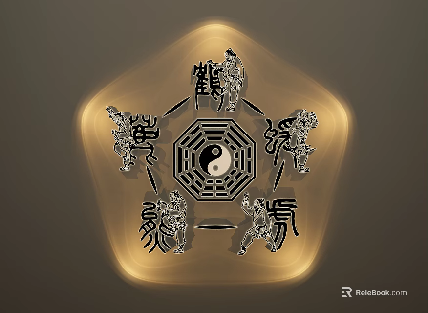 Group of Martial Arts Figures in Star Design with Yin Yang Symbol and Animal Motifs 3d model 